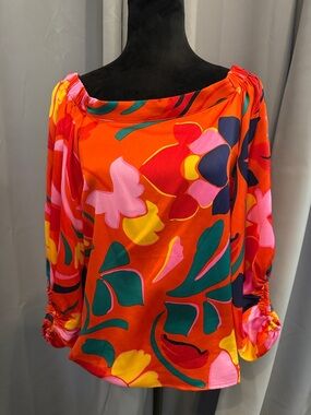 BRAND NEW Sugarlips Orange Floral Off-Shoulder Blouse with Pink & Green Accents
